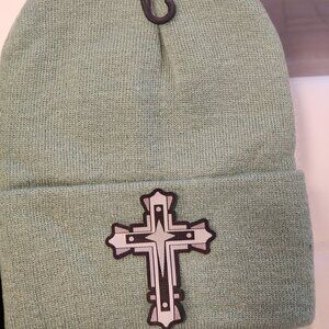 Cross Patched Knit Cuffed Beanie in Mint Green.